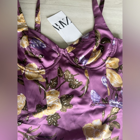 NWT Zara Purple Mauve floral flower corset bustier midi long dress size S - Picture 3 of 7